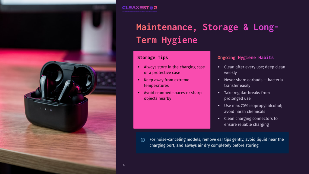 Black Wireless Earbuds And Charging Case Rest On A Wooden Table Next To A Presentation Slide With &Quot;Cleanestor&Quot; Logo And &Quot;Maintenance, Storage &Amp; Long-Term Hygiene&Quot; Title.