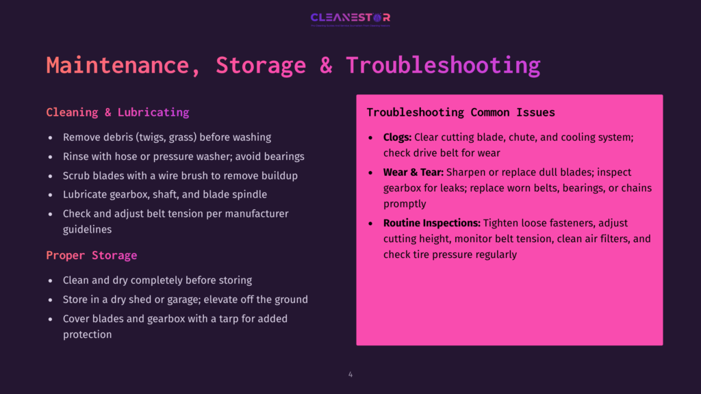A Dark Purple Slide With &Quot;Cleanestor&Quot; Logo At The Top And &Quot;Maintenance, Storage &Amp; Troubleshooting&Quot; Title. Sections Detail Cleaning, Lubricating, Proper Storage, And Troubleshooting Common Issues.