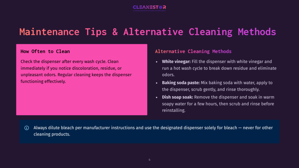 A Slide Titled &Quot;Maintenance Tips &Amp; Alternative Cleaning Methods&Quot; With Sections On &Quot;How Often To Clean&Quot; And &Quot;Alternative Cleaning Methods&Quot; Including White Vinegar And Baking Soda Paste. It Also Includes A Warning About Using Bleach.