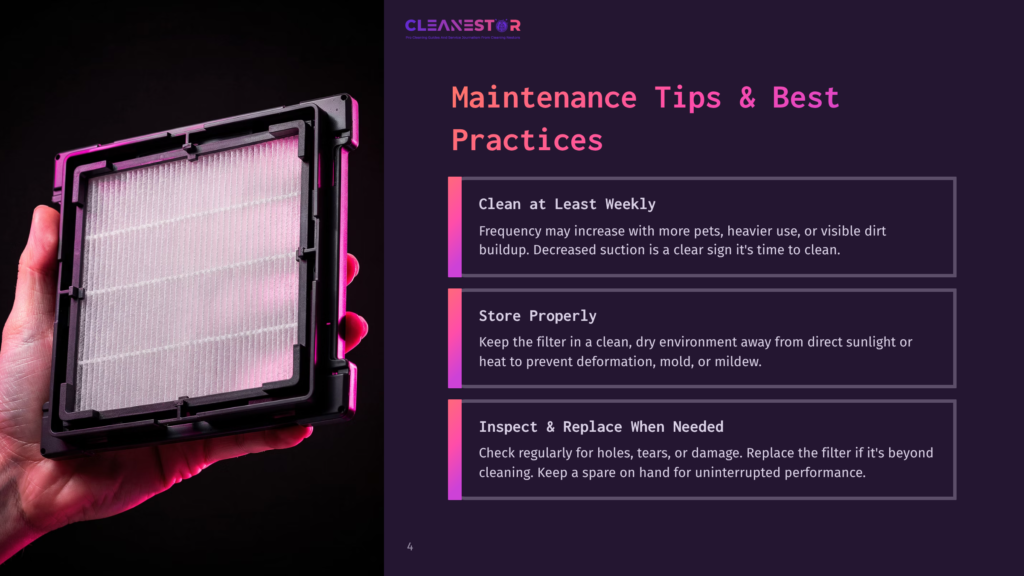A Hand Holds A Black Air Filter With Pink Accents In Front Of A Dark Purple Background With Text Overlay On The Right. The Text Reads &Quot;Maintenance Tips &Amp; Best Practices,&Quot; With Bullet Points About Cleaning, Storage, And Inspection Of The Air Filter.