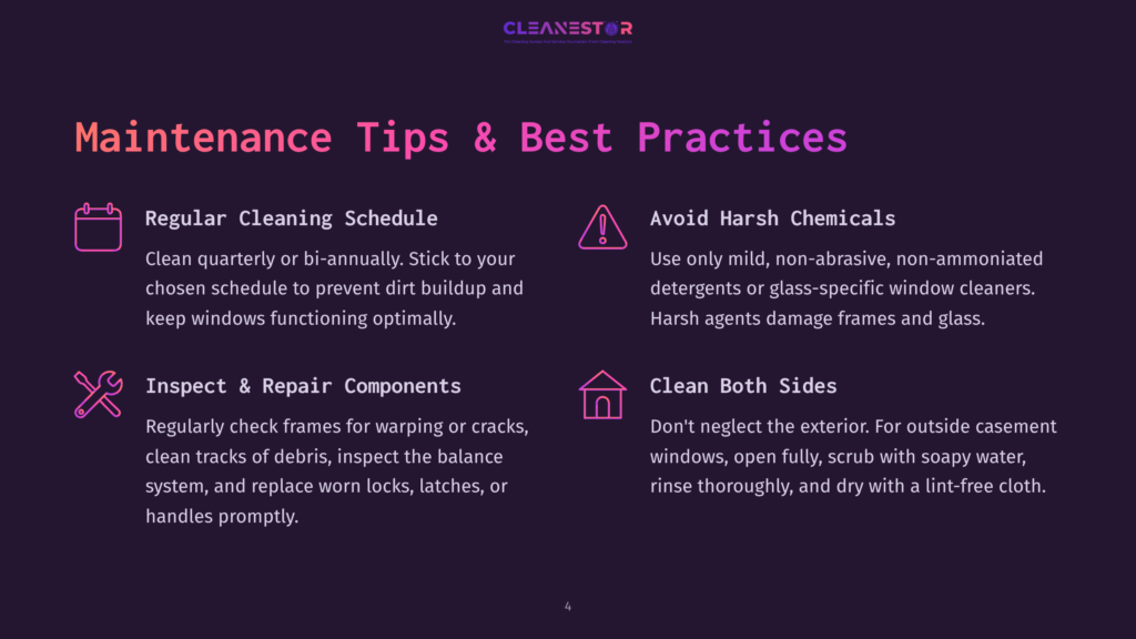 Cleanestor Maintenance Tips: Regular Cleaning Schedule, Inspect &Amp; Repair Components, Avoid Harsh Chemicals, And Clean Both Sides Of Windows. The Graphic Features Icons Representing A Calendar, Tools, A Warning Sign, And A House.