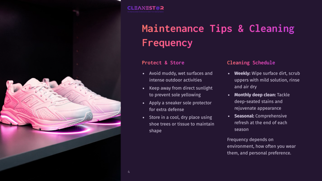 4 Maintenance Tips And Cleaning Frequency Pink Sneakers Displayed On A Shelf With Soft Lighting, Next To Text About Shoe Maintenance Tips And Cleaning Schedule.