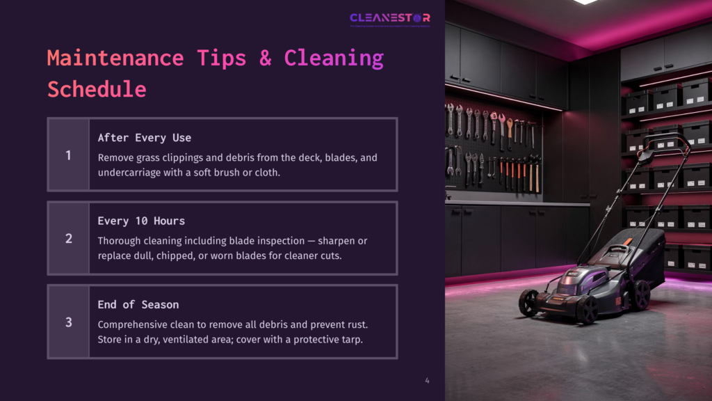 4 Maintenance Tips And Cleaning Schedule 1 A Modern Electric Lawn Mower Sits In A Clean, Organized Garage With Tools On The Wall And Storage Shelves, Next To A Graphic Listing &Quot;Maintenance Tips &Amp; Cleaning Schedule&Quot; For Lawn Mowers.