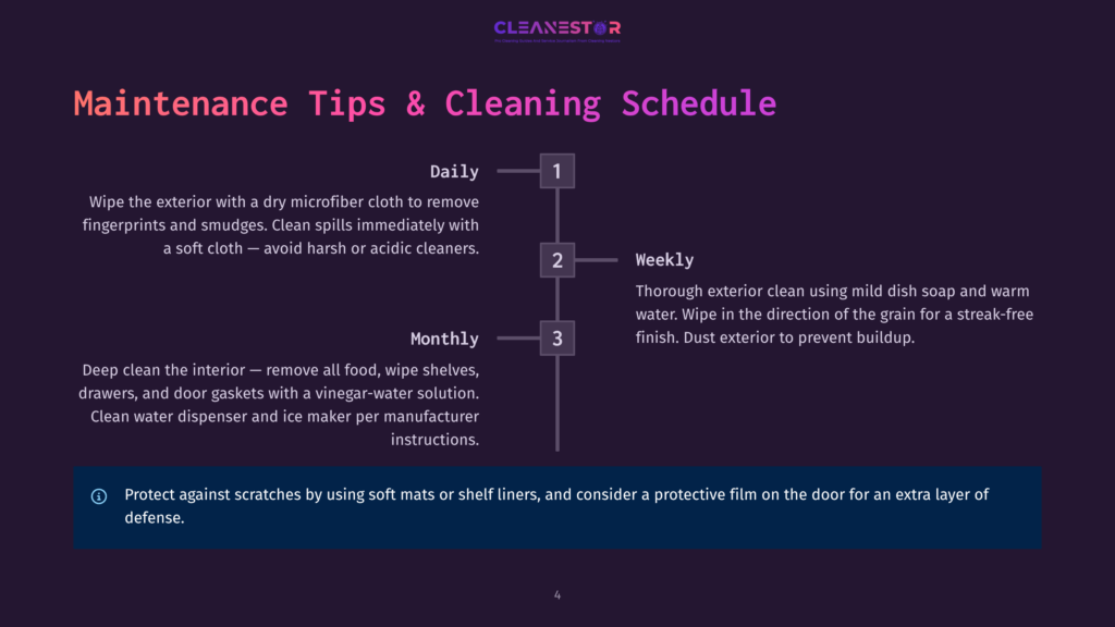 4 Maintenance Tips And Cleaning Schedule Infographic Detailing Maintenance Tips And Cleaning Schedule For An Appliance, With Sections For Daily, Weekly, And Monthly Tasks. Includes A Warning About Protecting Surfaces From Scratches.