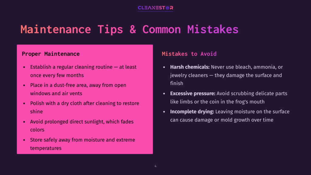 4 Maintenance Tips And Common Mistakes 1 A Presentation Slide Titled &Quot;Maintenance Tips &Amp; Common Mistakes&Quot; By Cleanestor, Detailing Proper Maintenance Routines And Harsh Chemical Warnings For Cleaning.