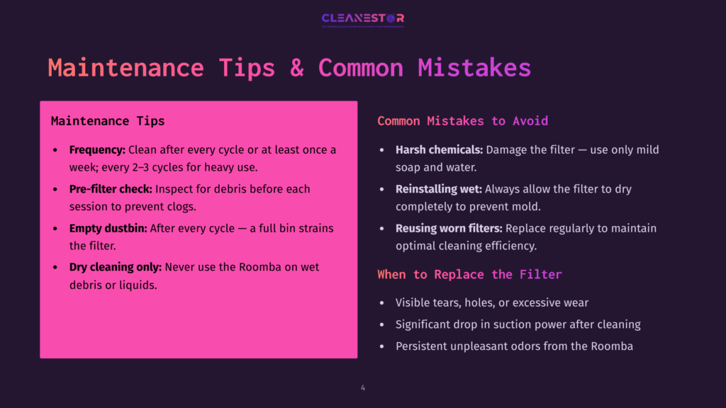 Slide Titled &Quot;Maintenance Tips &Amp; Common Mistakes&Quot; For A Cleanestor Robot Vacuum, Featuring A Pink Section With Tips Like &Quot;Frequency: Clean After Every Cycle&Quot; And &Quot;Dry Cleaning Only&Quot; And A Purple Section With Mistakes Like &Quot;Harsh Chemicals&Quot; And &Quot;Reusing Worn Filters&Quot;.