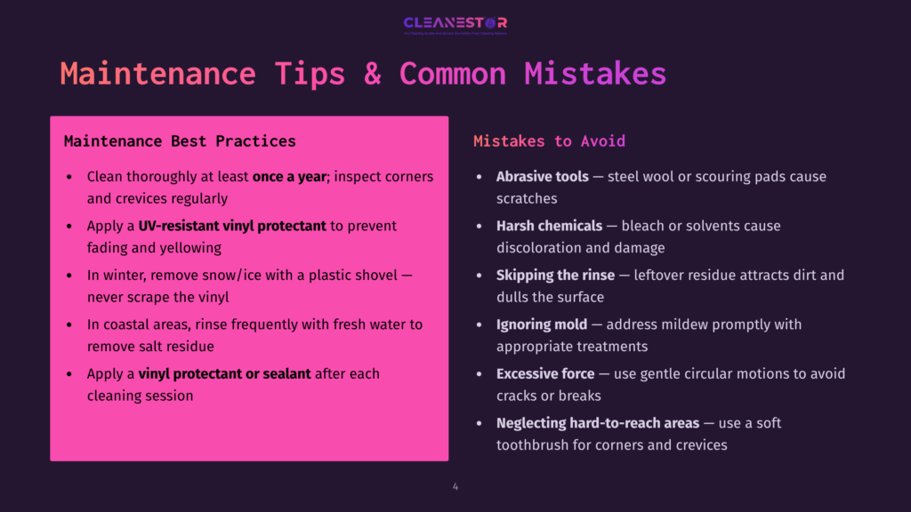 4 Maintenance Tips And Common Mistakes 2 Slide Titled &Quot;Maintenance Tips &Amp; Common Mistakes&Quot; With Two Columns: &Quot;Maintenance Best Practices&Quot; And &Quot;Mistakes To Avoid,&Quot; Listing Tips For Cleaning And Protecting Surfaces.