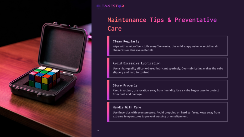 A Rubik'S Cube Sits In Its Black Protective Case, Illuminated By Pink And Purple Lights. The Image Displays Text About &Quot;Maintenance Tips &Amp; Preventative Care&Quot; For Cubes.