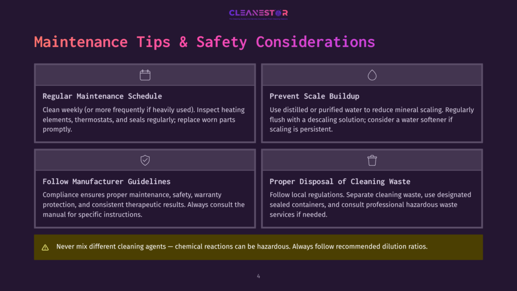 A Dark Purple Background With A Light Purple Cleanestor Logo At The Top And &Quot;Maintenance Tips &Amp; Safety Considerations&Quot; Title. Four Quadrants With Icons And Text: 1. Calendar Icon, &Quot;Regular Maintenance Schedule&Quot; With Cleaning Tips. 2. Water Drop Icon, &Quot;Prevent Scale Buildup&Quot; With Water Softening Tips. 3. Shield Icon, &Quot;Follow Manufacturer Guidelines&Quot; With Compliance Information. 4. Trash Can Icon, &Quot;Proper Disposal Of Cleaning Waste&Quot; With Disposal Instructions. A Yellow Warning Triangle With &Quot;Never Mix Different Cleaning Agents...&Quot; Text At The Bottom.