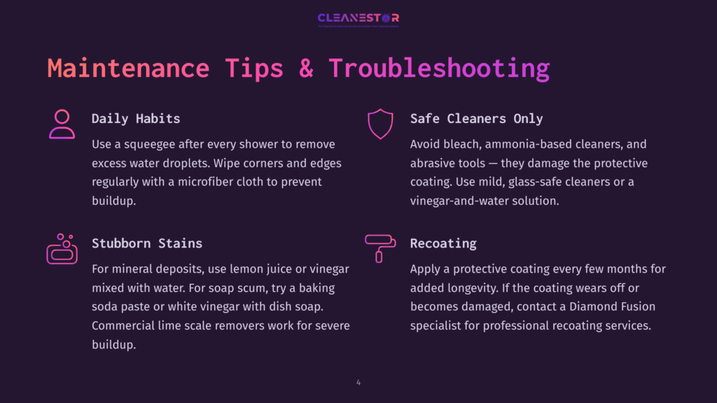 Cleanestor Maintenance Tips And Troubleshooting Graphic With Icons For Daily Habits, Safe Cleaners, Stubborn Stains, And Recoating, Featuring Text In English.