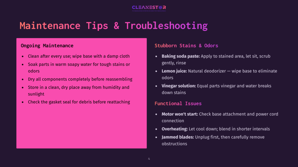 4 Maintenance Tips And Troubleshooting 3 Cleanestor Maintenance Tips And Troubleshooting Guide, With Sections On Ongoing Maintenance, Stubborn Stains &Amp; Odors, And Functional Issues.