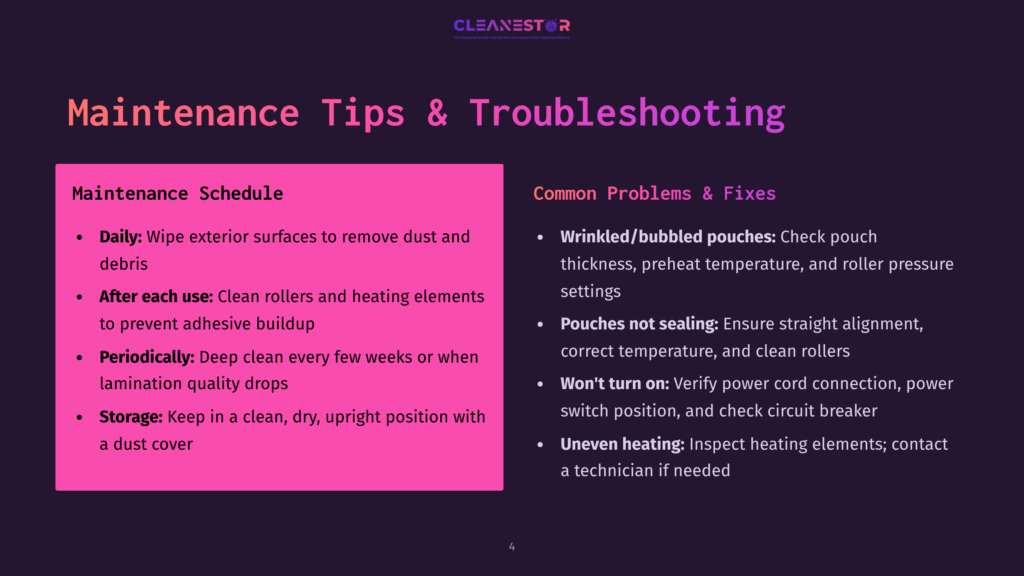 4 Maintenance Tips And Troubleshooting 4 Purple Slide Titled &Quot;Maintenance Tips &Amp; Troubleshooting&Quot; With A Maintenance Schedule And Common Problems &Amp; Fixes For A Cleanestor Laminator.