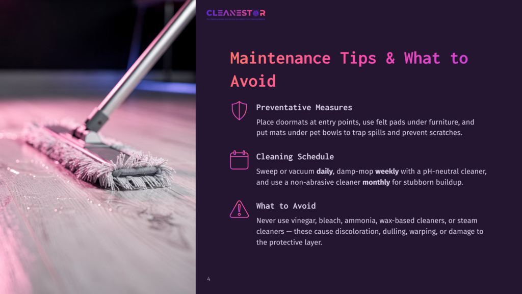 4 Maintenance Tips And What To Avoid Close-Up Of A Mop Cleaning A Light-Colored Wood Floor With A Pinkish-Purple Light Effect, Showing Maintenance Tips For Cleaning Schedules And What To Avoid.