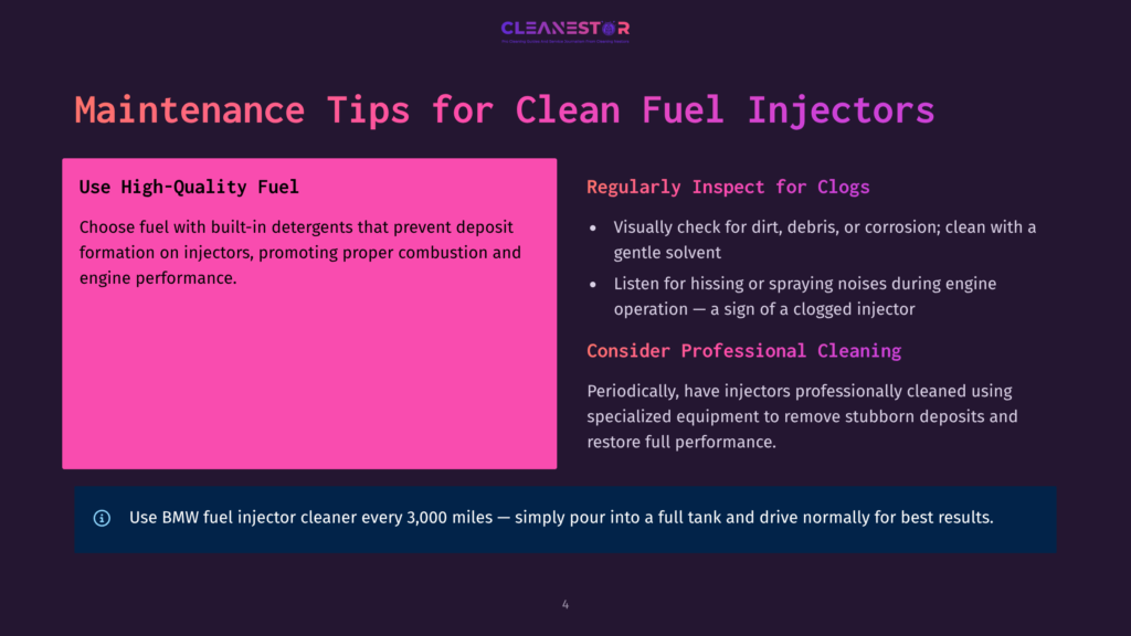 4 Maintenance Tips For Clean Fuel Injectors Clean Fuel Injectors: Maintenance Tips Including Using High-Quality Fuel With Detergents And Regularly Inspecting For Debris. Also Mentions Professional Cleaning Services.