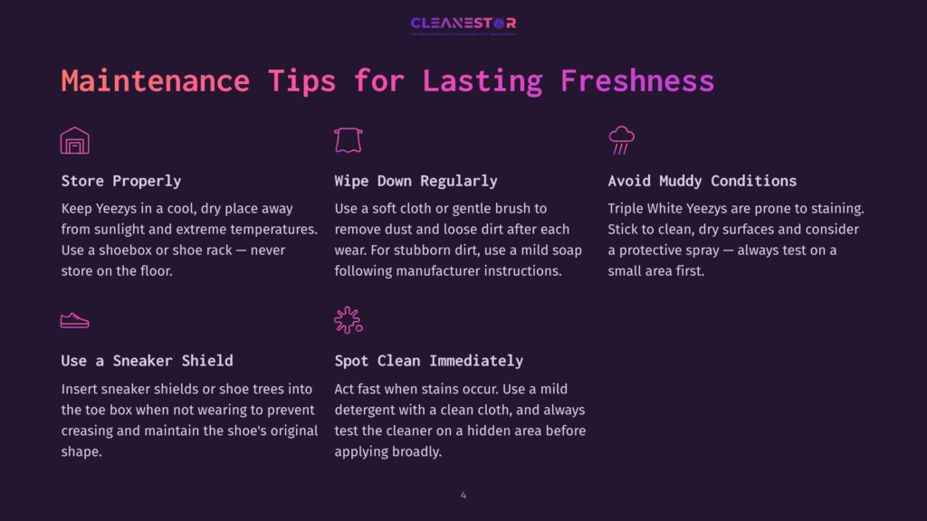 Cleanestor Maintenance Tips For Lasting Freshness: Store Properly, Wipe Down Regularly, Avoid Muddy Conditions, Use A Sneaker Shield, And Spot Clean Immediately. Includes Icons For Each Tip.