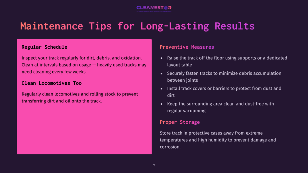 An Infographic Titled &Quot;Maintenance Tips For Long-Lasting Results&Quot; Displays A Pink Background With Text Sections On Regular Schedule, Preventive Measures, And Proper Storage. The Image Highlights Tips Like Inspecting Tracks For Dirt, Securely Fastening Tracks, And Storing Tracks In Protective Cases.