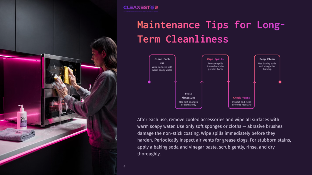 Woman Cleaning A Modern Stainless Steel Range Hood With A Yellow Sponge And Cleaning Spray, With Neon Pink Lighting In The Background. &Quot;Cleanestor Maintenance Tips For Long-Term Cleanliness&Quot; Text Is Visible.