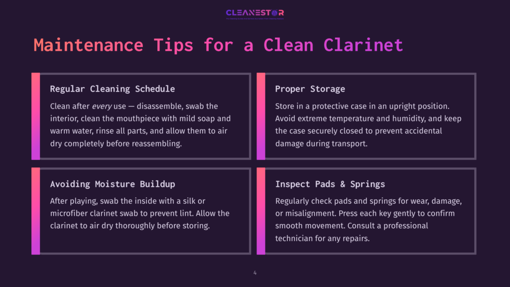 4 Maintenance Tips For A Clean Clarinet Infographic With Title &Quot;Maintenance Tips For A Clean Clarinet&Quot; Divided Into Four Sections: Regular Cleaning Schedule, Proper Storage, Avoiding Moisture Buildup, And Inspect Pads &Amp; Springs.