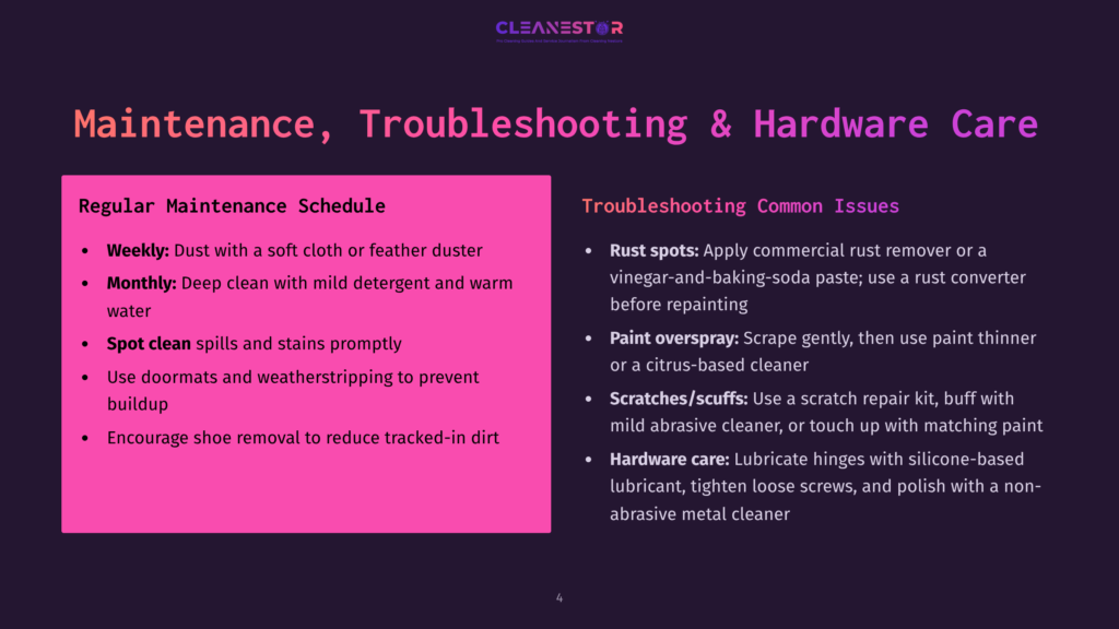 Cleanestor Logo Above Slide Titled &Quot;Maintenance, Troubleshooting &Amp; Hardware Care&Quot; With Sections For &Quot;Regular Maintenance Schedule&Quot; And &Quot;Troubleshooting Common Issues&Quot;.