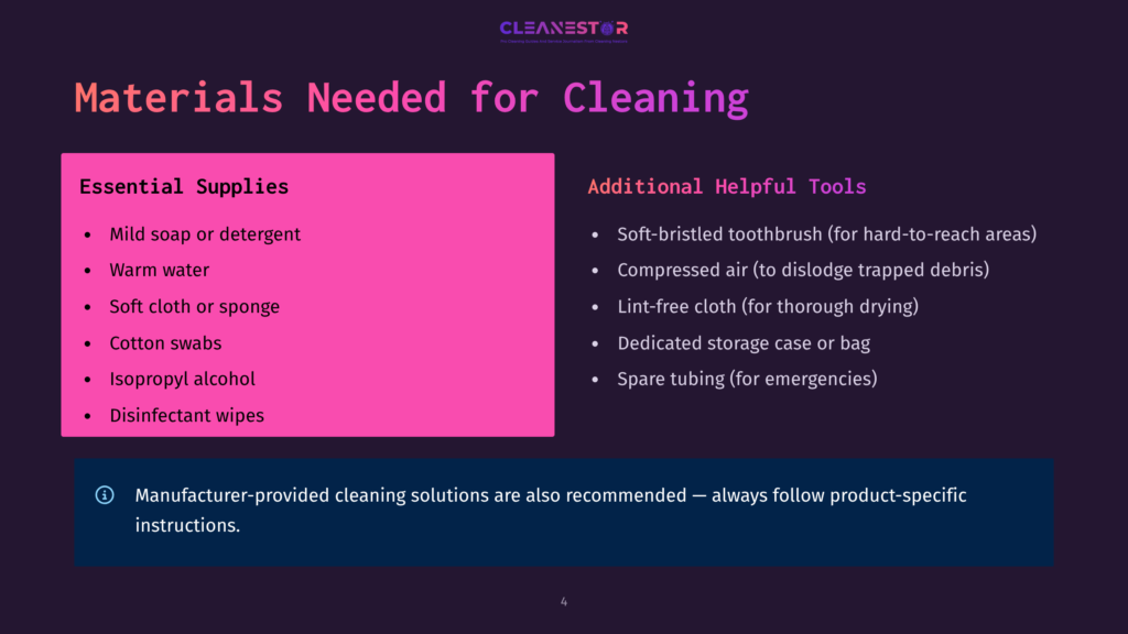 A Slide Titled &Quot;Materials Needed For Cleaning&Quot; Lists Essential Supplies Like Mild Soap, Warm Water, Soft Cloths, Cotton Swabs, Isopropyl Alcohol, And Disinfectant Wipes. Additional Helpful Tools Include A Soft-Bristled Toothbrush, Compressed Air, Lint-Free Cloth, Dedicated Storage Case, And Spare Tubing.