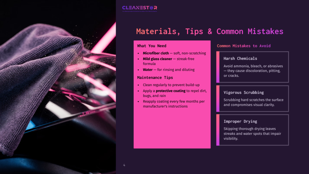 An Infographic With A Purple Background Displays Materials, Tips, And Common Mistakes For Cleaning, Featuring A Close-Up Of A Microfiber Cloth And A Glass.
