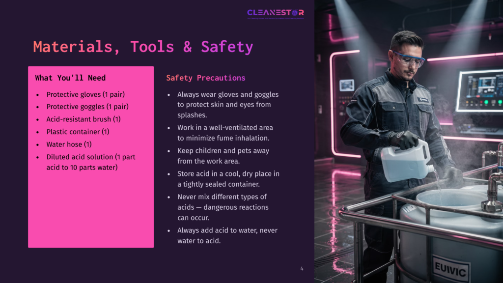 A Person In Safety Gear, Including Goggles And Gloves, Carefully Pours A Clear Liquid From A White Jug Into A Large Industrial Container. The Scene Is Set In A Laboratory Or Factory Environment With Bright Lighting And Equipment In The Background. Text On The Left Lists &Quot;Materials, Tools &Amp; Safety&Quot; And &Quot;What You'Ll Need&Quot; With Safety Precautions.