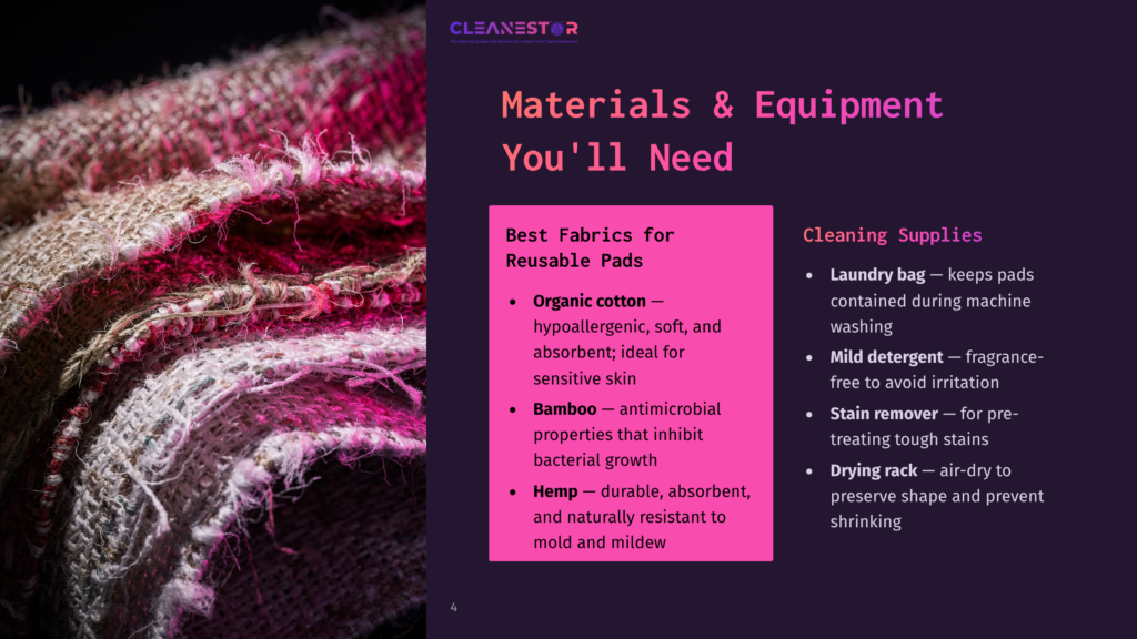 Close-Up Of Textured, Natural Fiber Reusable Pads In Shades Of Beige And Pink, With The Text &Quot;Cleanestor&Quot; And &Quot;Materials &Amp; Equipment You'Ll Need&Quot; Visible.