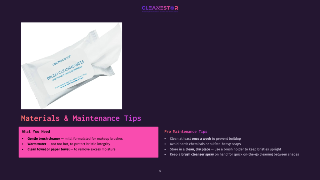 A Package Of Colorescience Brush Cleaning Wipes, With Text Detailing &Quot;Brush Cleaning Wipes&Quot; And &Quot;Enacted Nettoyantes Pour Pinceaux,&Quot; Rests On A Dark Purple Surface Next To A Purple And Pink Graphic About Brush Cleaning Tips.