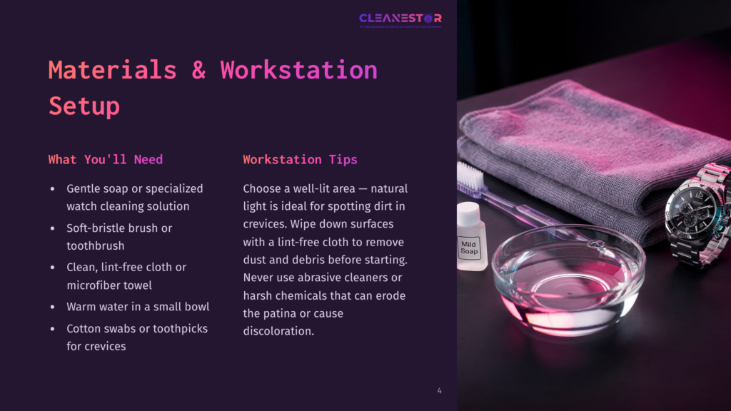Watch Cleaning Setup With A Microfiber Cloth, Toothbrush, Mild Soap, And A Watch In A Glass Bowl, With Text Overlay: &Quot;Cleanestor Materials &Amp; Workstation Setup.