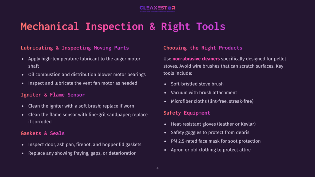 Cleanestor Logo At The Top Of A Dark Slide With Text About Mechanical Inspection And Right Tools, Including Sections On Lubricating And Inspecting Moving Parts, Igniter &Amp; Flame Sensor, Gaskets &Amp; Seals, And Choosing The Right Products.