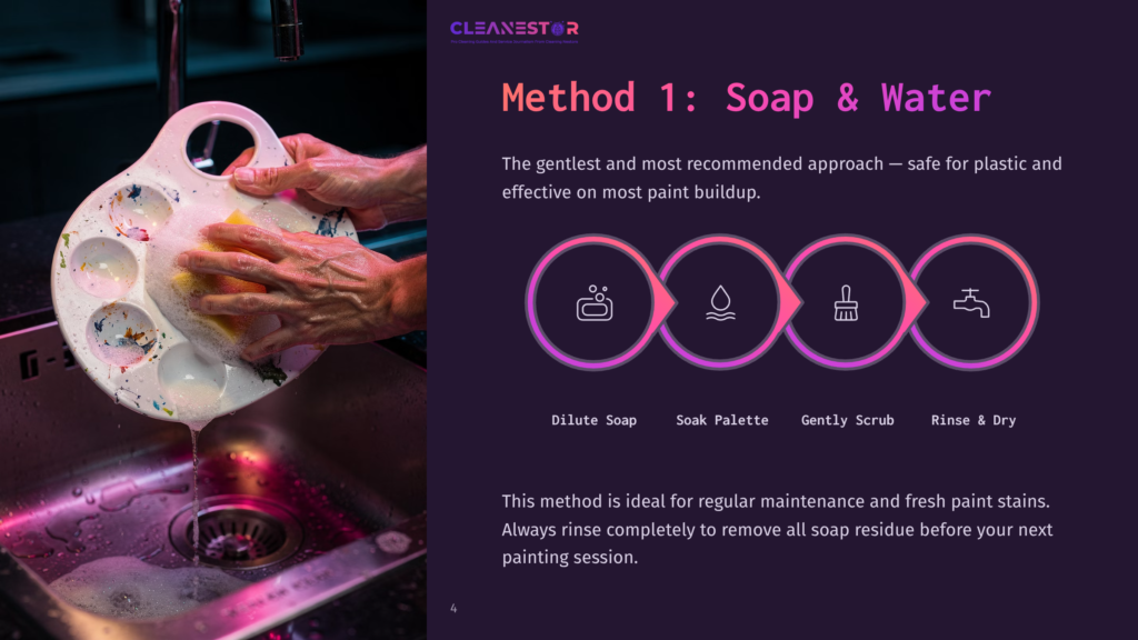 Method 1: Soap &Amp; Water Cleaning Demonstration. Hands Gently Scrub A White Paint Palette Under Running Water, Illustrating The Gentle And Effective Paint Removal Process.