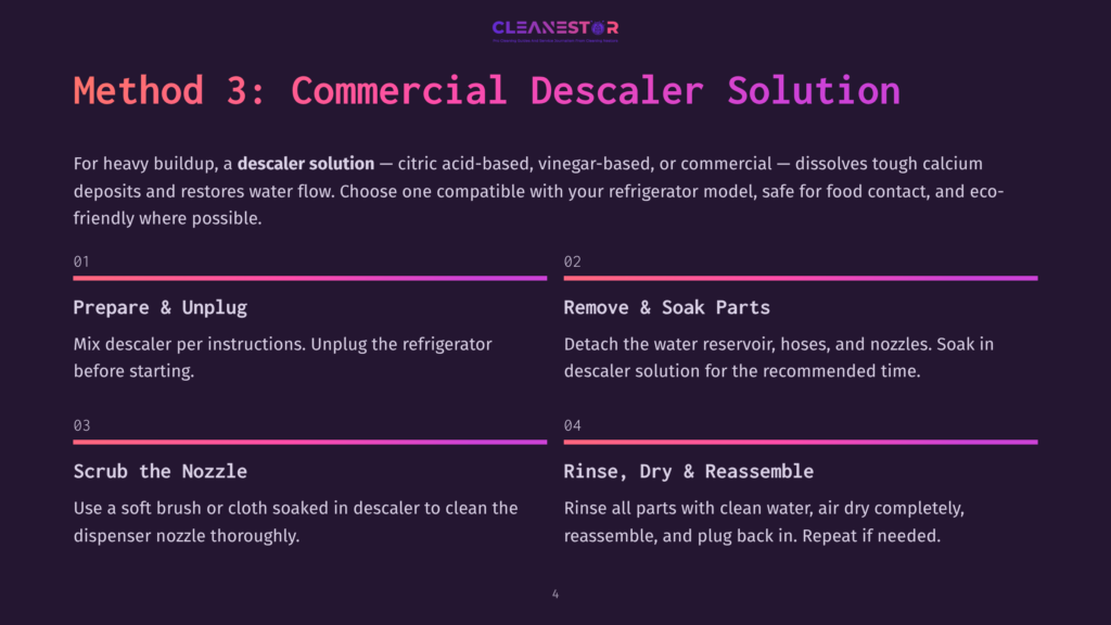 Method 3: Commercial Descaler Solution Steps For Refrigerator Cleaning: Prepare &Amp; Unplug, Remove &Amp; Soak Parts, Scrub The Nozzle, Rinse, Dry &Amp; Reassemble.