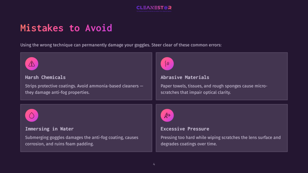 Infographic Titled &Quot;Mistakes To Avoid&Quot; Showing Four Common Errors When Cleaning Goggles: Harsh Chemicals, Abrasive Materials, Immersing In Water, And Excessive Pressure, With Icons And Brief Explanations.