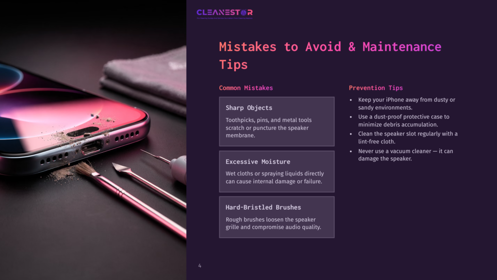 A Smartphone Speaker Grille Is Shown With Dust And Debris, Alongside Cleaning Tools Like Brushes And A Microfiber Cloth, With Text &Quot;Mistakes To Avoid &Amp; Maintenance Tips&Quot; And &Quot;Cleanestor&Quot; Visible.