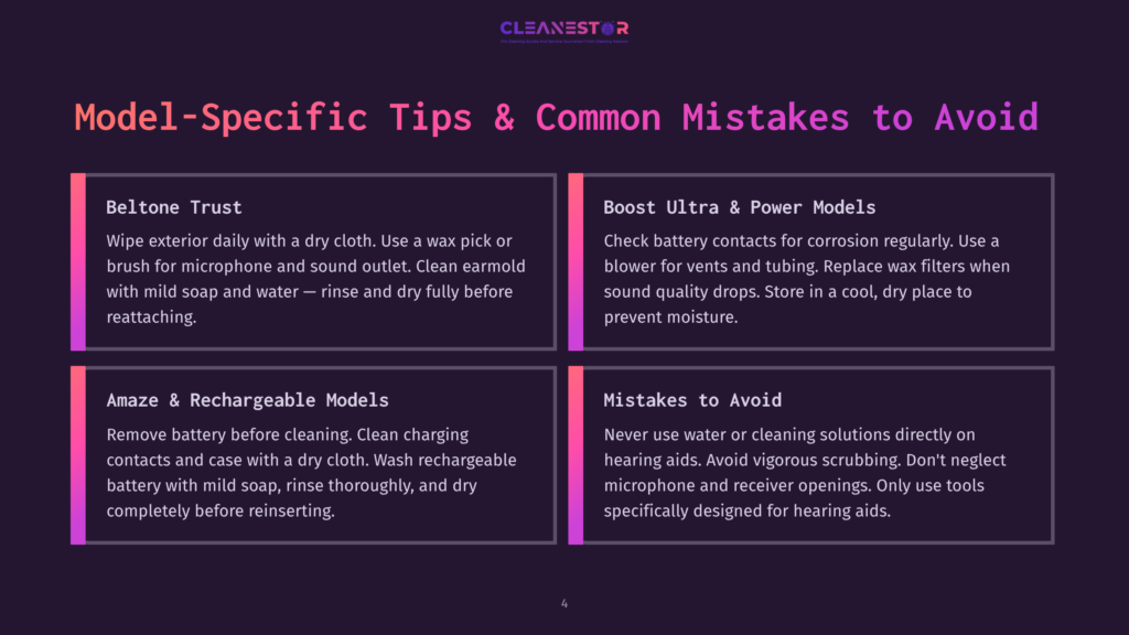 Cleanestor Logo With &Quot;Model-Specific Tips &Amp; Common Mistakes To Avoid&Quot; Title. Four Sections Detail Tips For Beltone Trust, Boost Ultra &Amp; Power Models, Amaze &Amp; Rechargeable Models, And Mistakes To Avoid.