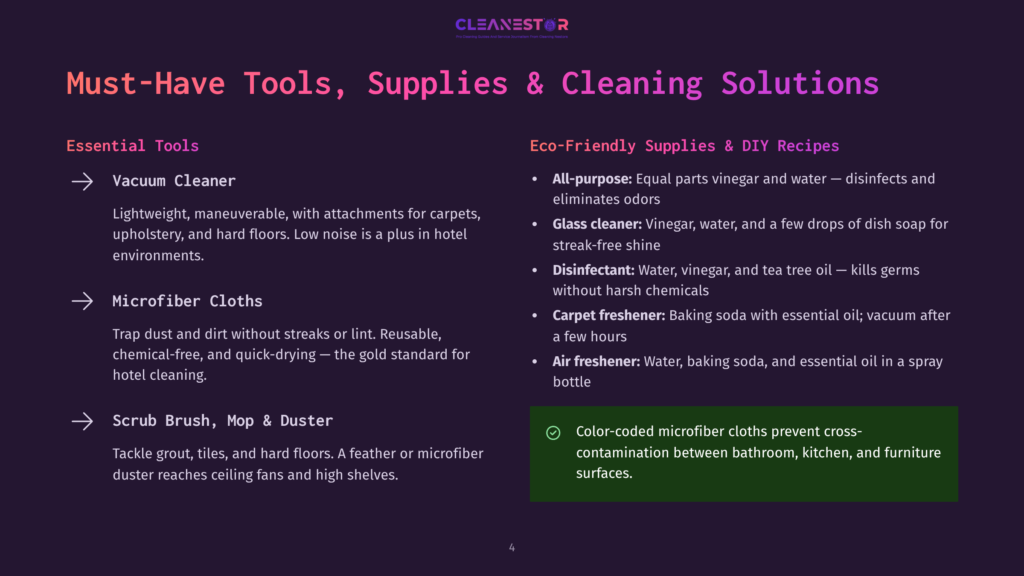 4 Must Have Tools Supplies And Cleaning Solutions An Infographic Shows Essential Tools And Eco-Friendly Cleaning Supplies And Solutions. It Lists A Vacuum Cleaner, Microfiber Cloths, And Scrub Brush As Essential Tools, And Includes All-Purpose Cleaner, Glass Cleaner, Disinfectant, And Air Freshener Among Eco-Friendly Supplies And Diy Recipes.