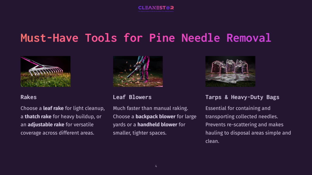 Three Essential Tools For Pine Needle Removal: A Metal Rake For Yard Cleanup, A Backpack Blower For Clearing Debris, And Heavy-Duty Bags For Disposal.