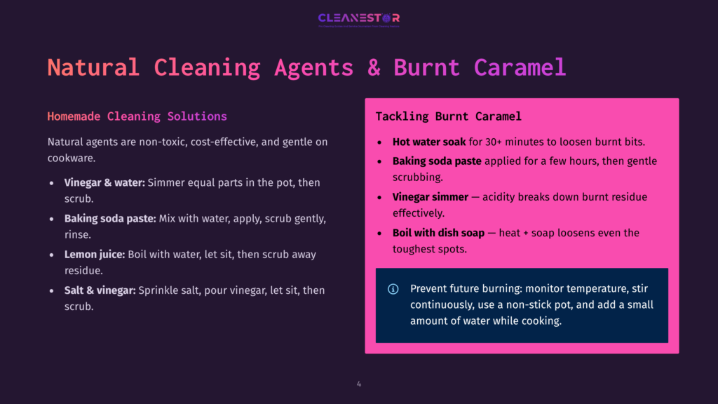 Slide With Title &Quot;Natural Cleaning Agents &Amp; Burnt Caramel&Quot; Detailing Diy Cleaning Solutions For Burnt Caramel Using Vinegar, Baking Soda Paste, And Lemon Juice. Includes Tips For Preventing Future Burning.