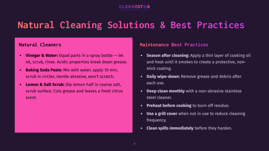 Slide Titled &Quot;Natural Cleaning Solutions &Amp; Best Practices&Quot; With A Dark Background And Pink Text Listing Natural Cleaners Like Vinegar And Baking Soda, And Maintenance Tips Like &Quot;Season After Cleaning&Quot; And &Quot;Daily Wipe-Down.