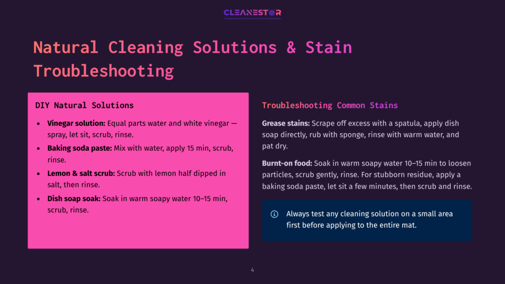 A Slide Titled &Quot;Natural Cleaning Solutions &Amp; Stain Troubleshooting&Quot; With A Dark Purple Background. It Lists Diy Natural Cleaning Solutions Like Vinegar And Baking Soda, And Common Stain Troubleshooting Tips For Grease And Burnt-On Food.
