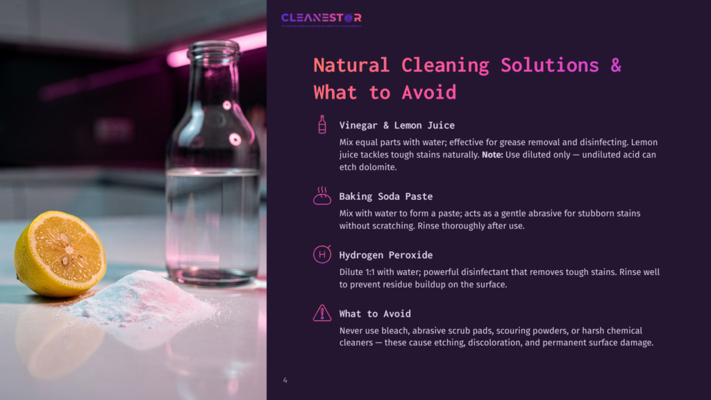 A Transparent Bottle With A Clear Liquid Inside, A Lemon Slice, And A Pile Of White Powder On A Counter With Text That Reads &Quot;Natural Cleaning Solutions &Amp; What To Avoid.