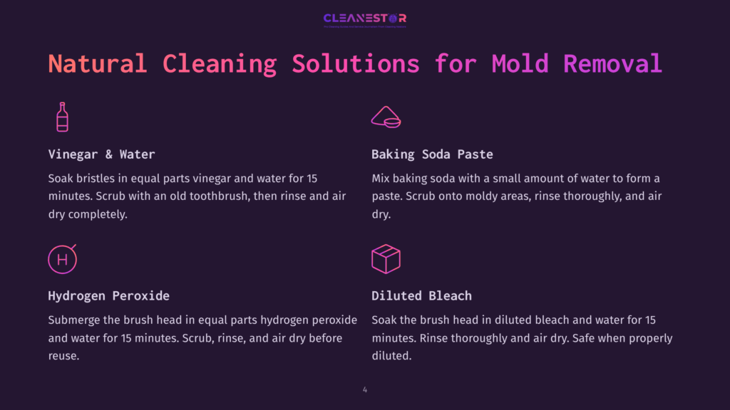 Natural Cleaning Solutions For Mold Removal: Vinegar And Water, Baking Soda Paste, Hydrogen Peroxide, And Diluted Bleach. Icons Represent Each Cleaning Method.