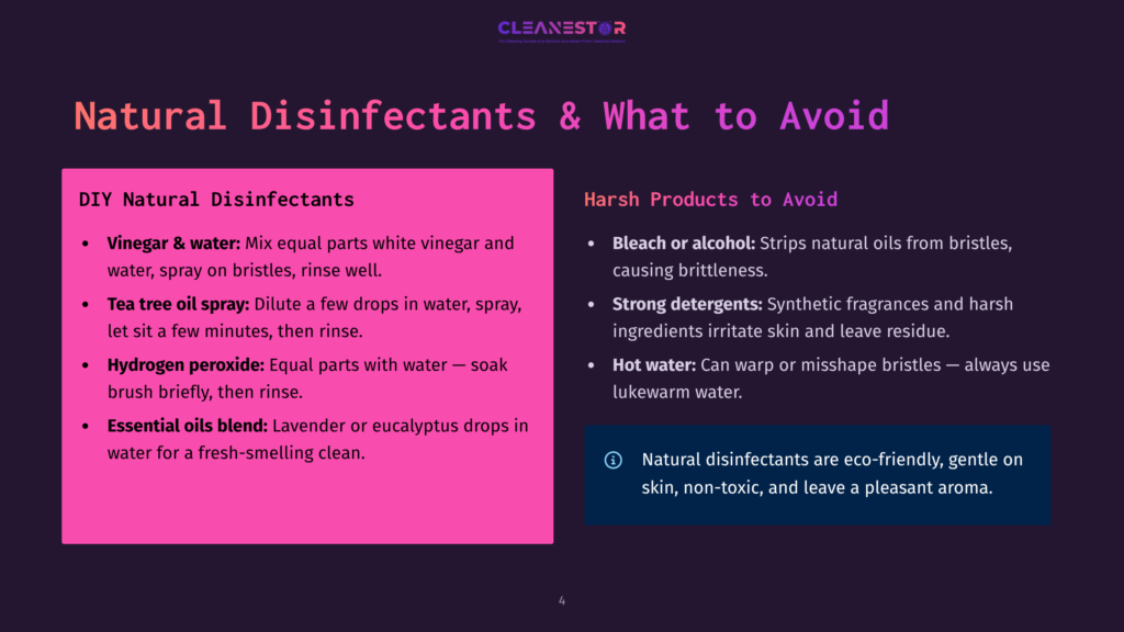 A Slide Titled &Quot;Natural Disinfectants &Amp; What To Avoid&Quot; Lists Diy Disinfectants Like Vinegar And Tea Tree Oil, And Harsh Products Like Bleach And Hot Water. Natural Disinfectants Are Eco-Friendly.