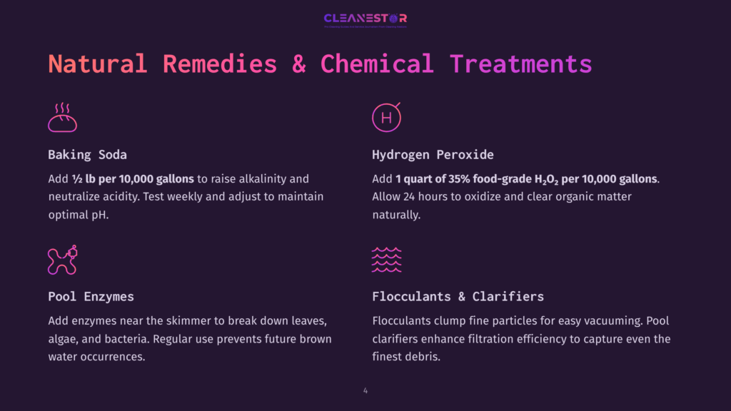 Infographic Detailing Natural Remedies And Chemical Treatments For Pools, Including Baking Soda, Hydrogen Peroxide, Pool Enzymes, And Flocculants &Amp; Clarifiers.