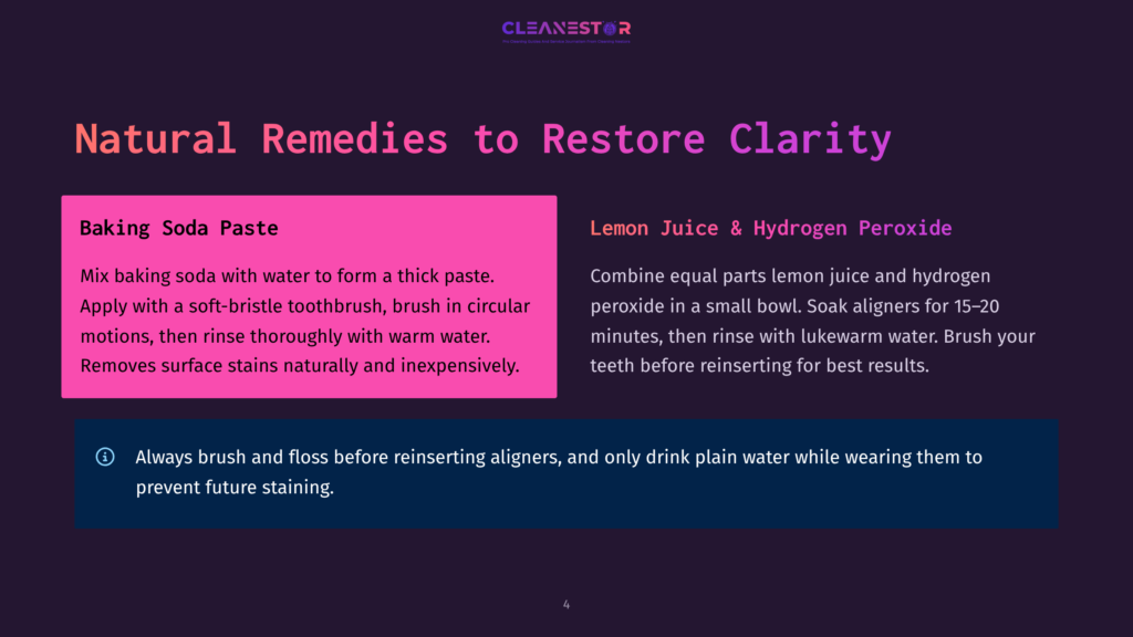 Infographic Titled &Quot;Natural Remedies To Restore Clarity&Quot; With Sections On Baking Soda Paste And Lemon Juice &Amp; Hydrogen Peroxide For Teeth Cleaning, Plus A Tip About Aligners.