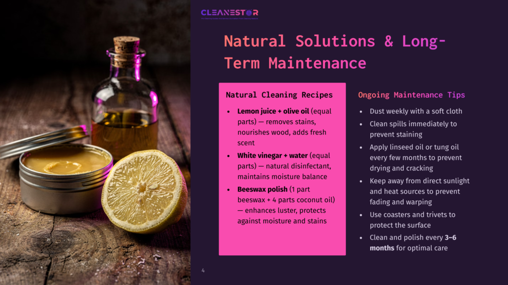 Cleanestor Graphic On Natural Wood Cleaning Solutions: Lemon Juice &Amp; Olive Oil, White Vinegar &Amp; Water, Beeswax Polish, And Ongoing Maintenance Tips Like Dusting And Oiling.