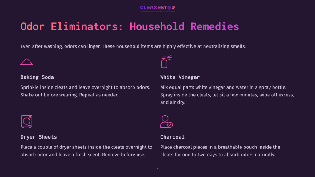 Cleanestor Infographic On Odor Eliminators For Household Use, Featuring Baking Soda, White Vinegar, And Charcoal As Natural Remedies.