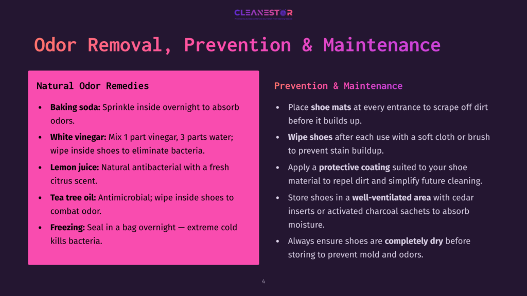 A Slide Titled &Quot;Odor Removal, Prevention &Amp; Maintenance&Quot; From A Presentation By Cleanestor. It Lists Natural Odor Remedies Like Baking Soda, White Vinegar, Lemon Juice, Tea Tree Oil, And Freezing, Alongside Prevention Tips Such As Using Shoe Mats, Wiping Shoes, And Storing Them In Well-Ventilated Areas.