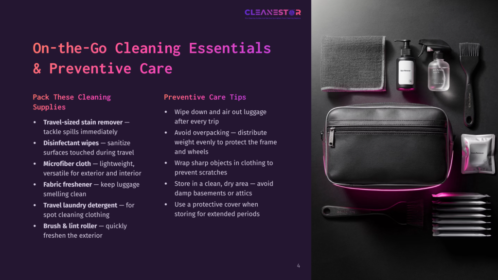 A Collection Of Travel Cleaning Essentials Displayed On A Black Background Includes A Travel Stain Remover, Disinfectant Wipes, Microfiber Cloth, Fabric Freshener, Travel Laundry Detergent, And A Brush &Amp; Lint Roller.