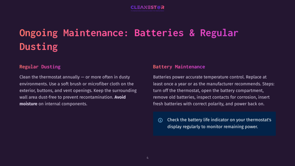 4 Ongoing Maintenance Batteries And Regular Dusting Cleannest Logo With Text &Quot;Cleanestor Pro Cleaning Service And Smart Home Cleaning Solutions&Quot; On A Dark Purple Background With Text &Quot;Ongoing Maintenance: Batteries &Amp; Regular Dusting&Quot; And Sections On &Quot;Regular Dusting&Quot; And &Quot;Battery Maintenance&Quot;.